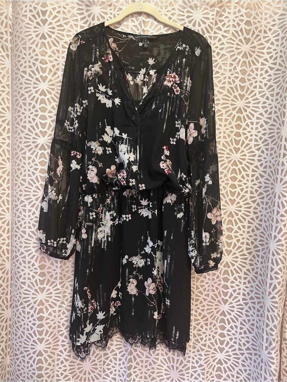 White House Black Market Black Floral Sheer Dress With Lace Detailing Size 12